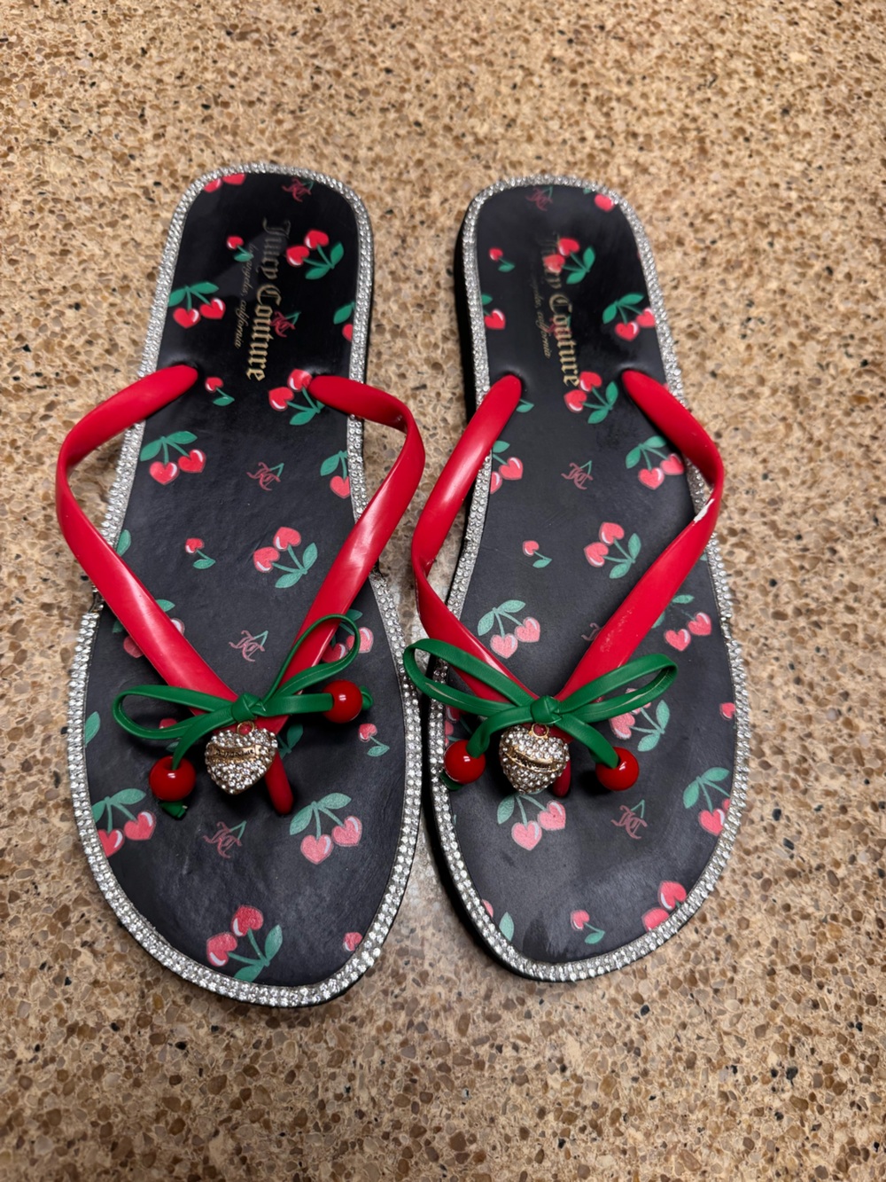 Juicy Couture Black Cherry Print Flip Flops with Red Straps and Green Bows